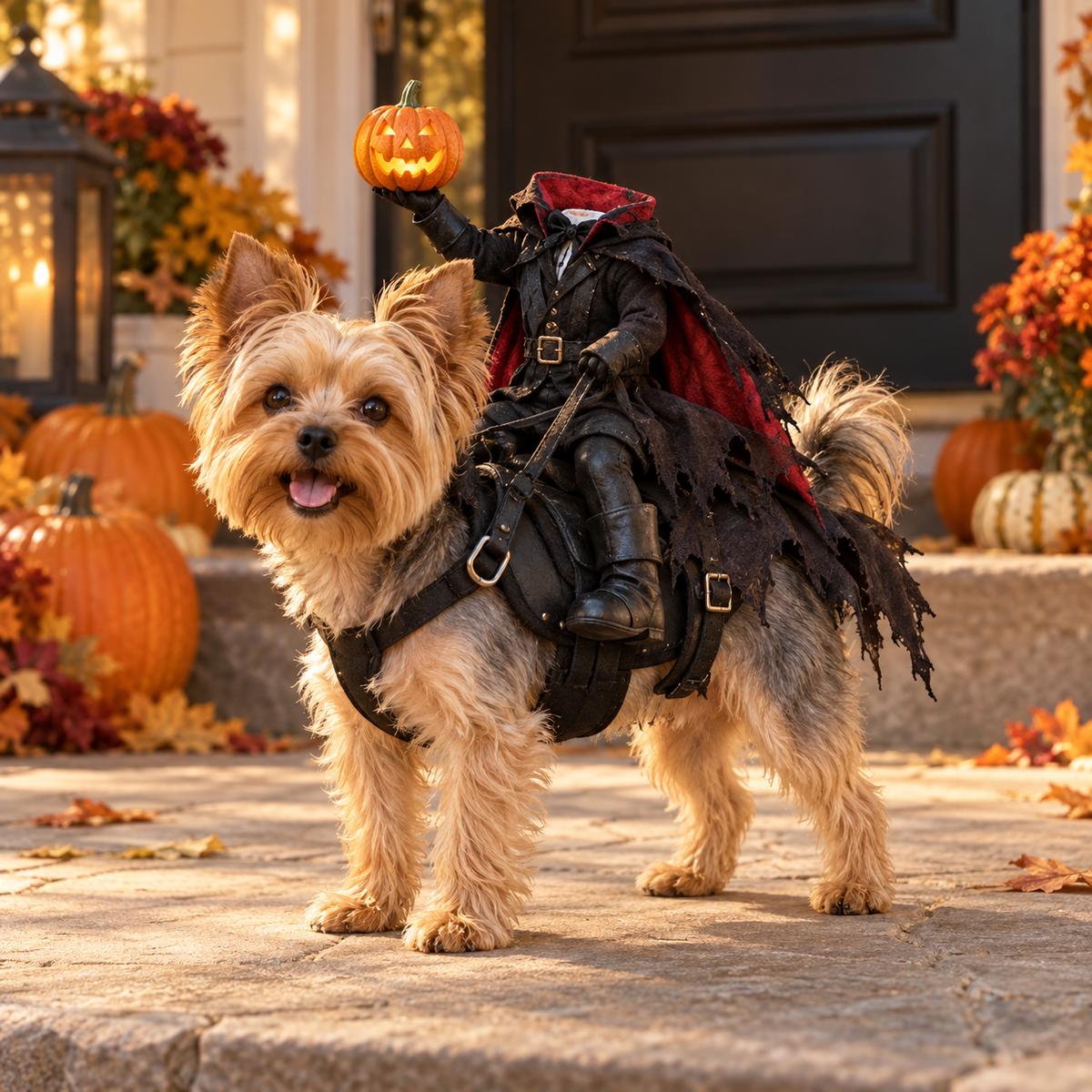 Small dog wearing the PetOlive Headless Horseman costume