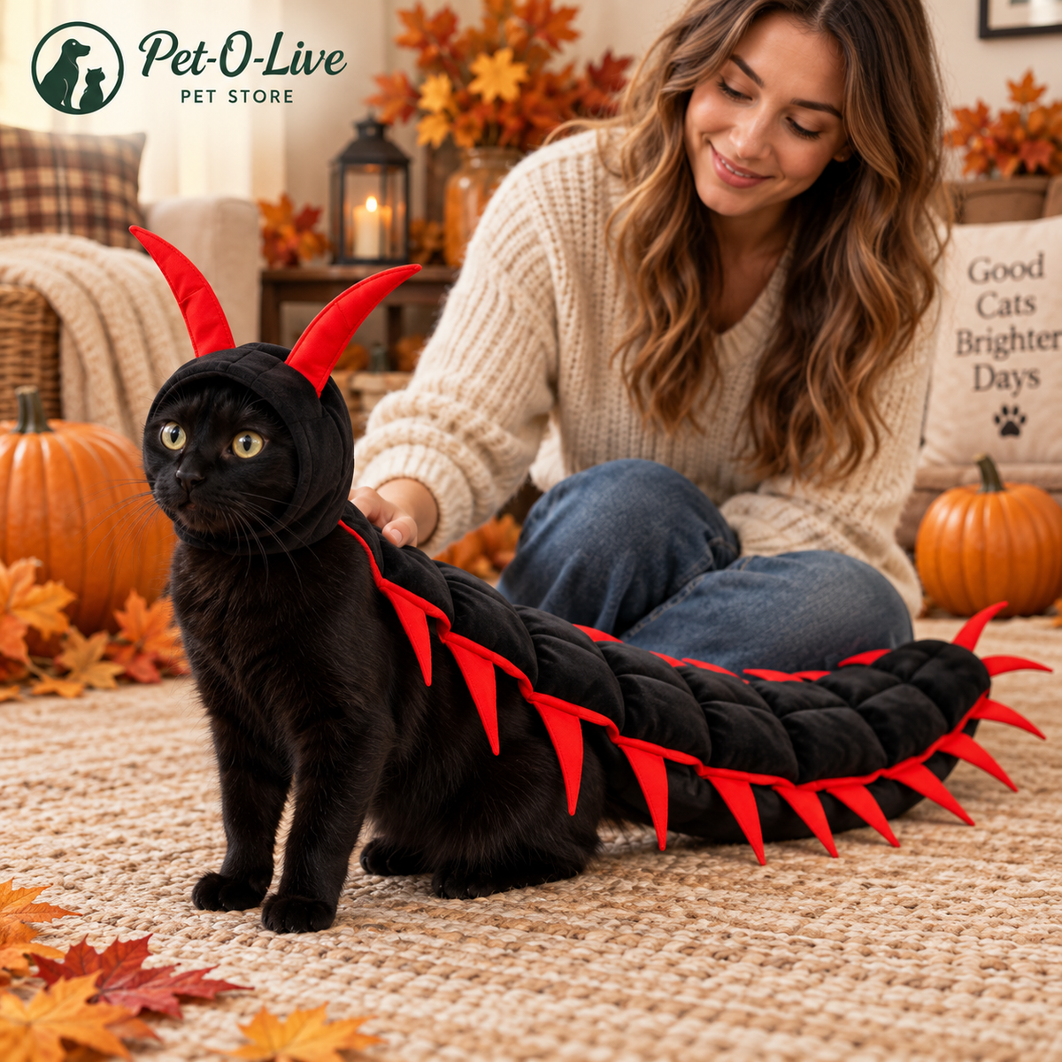 Black cat wearing the centipede Halloween costume posing beside pumpkins