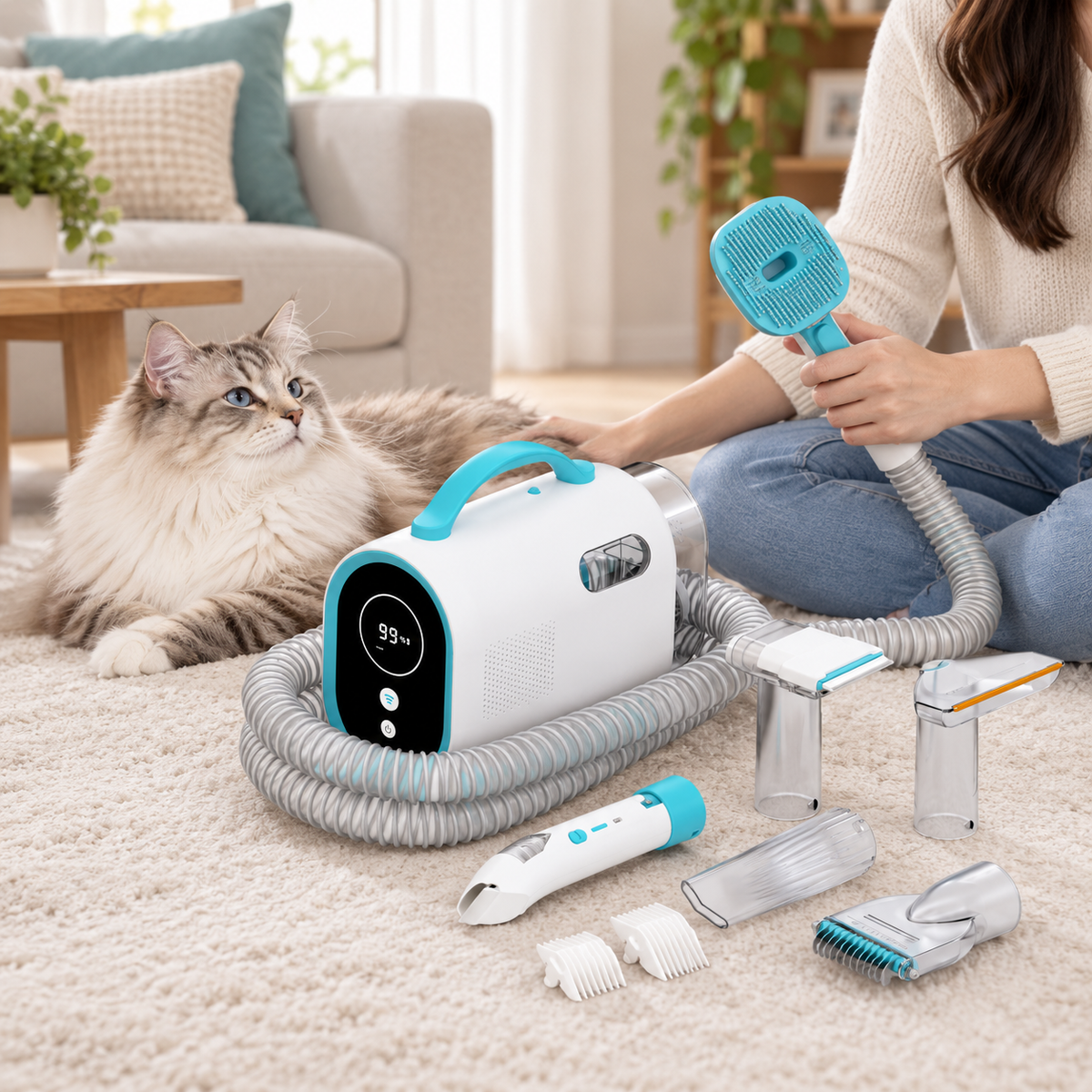 Cat beside the PetOlive grooming vacuum kit