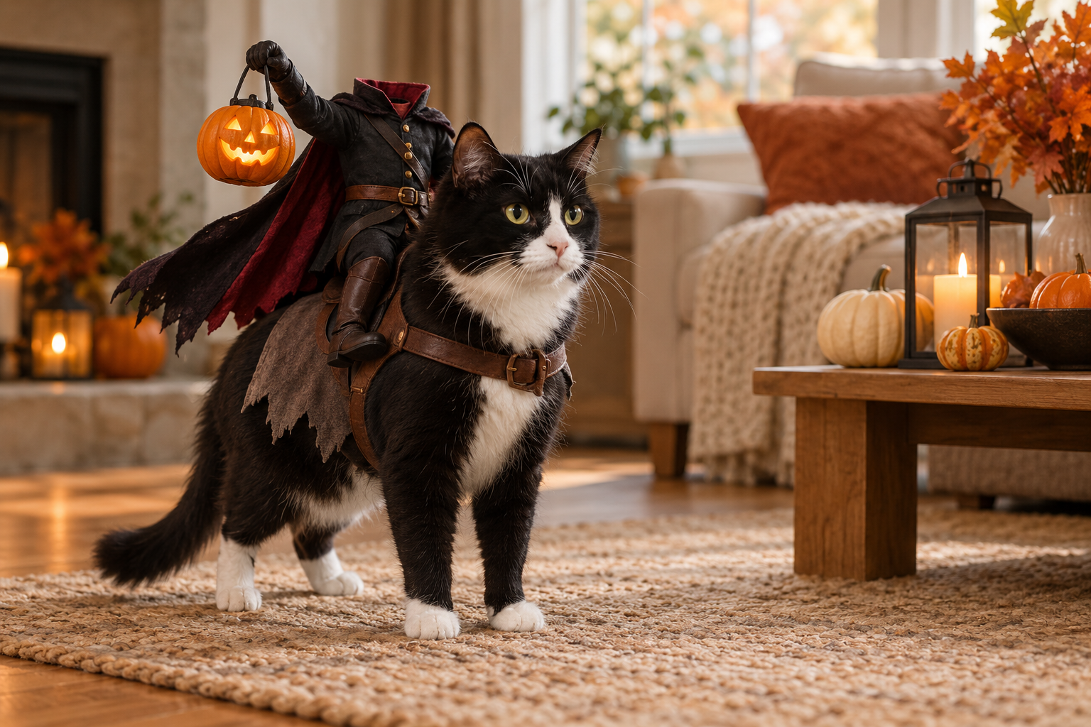 Cat wearing the PetOlive Headless Horseman costume at home