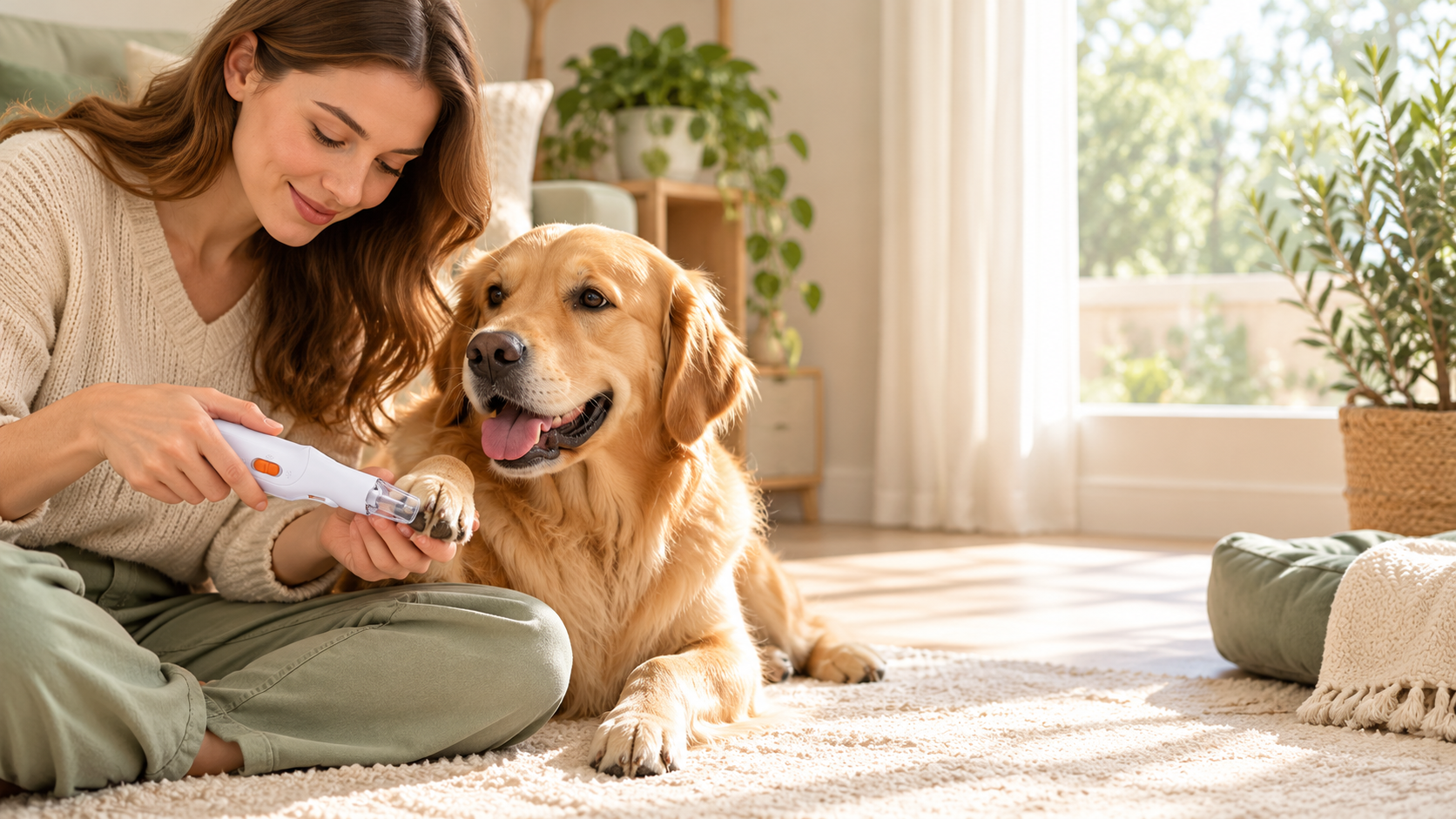 Pet parent calmly grooming a dog's nails with the PetOlive 2-in-1 nail clipper