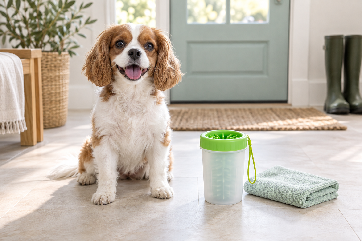 Happy dog with clean paws beside the Pet Olive Portable Paw Cleaner