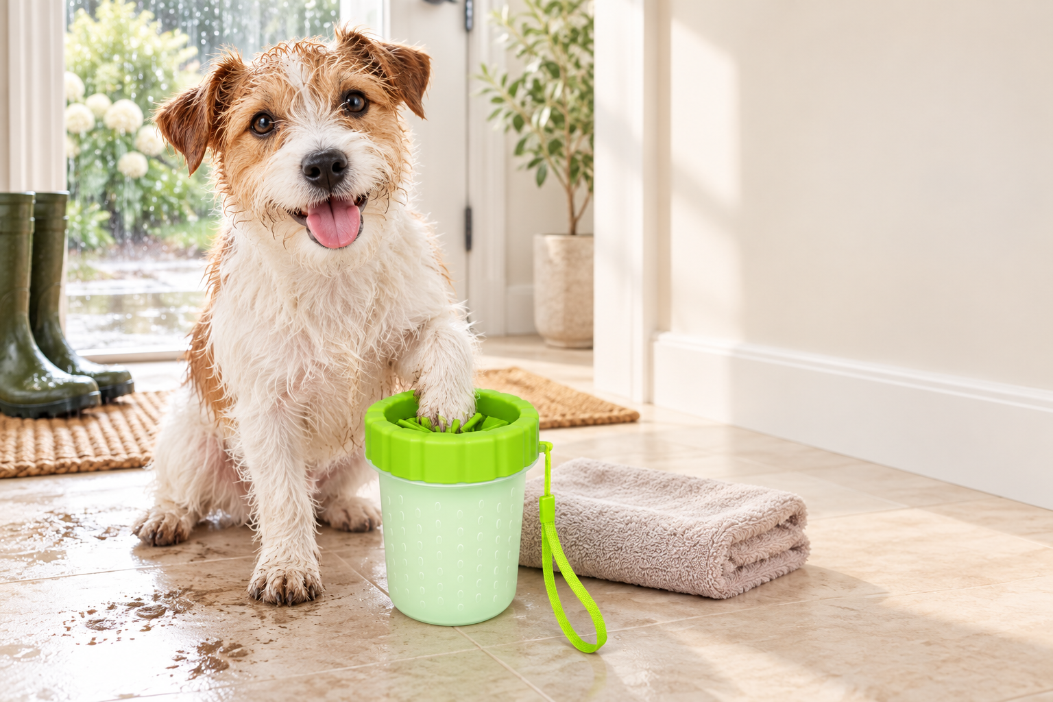 Dog beside the Pet Olive Portable Paw Cleaner after a walk