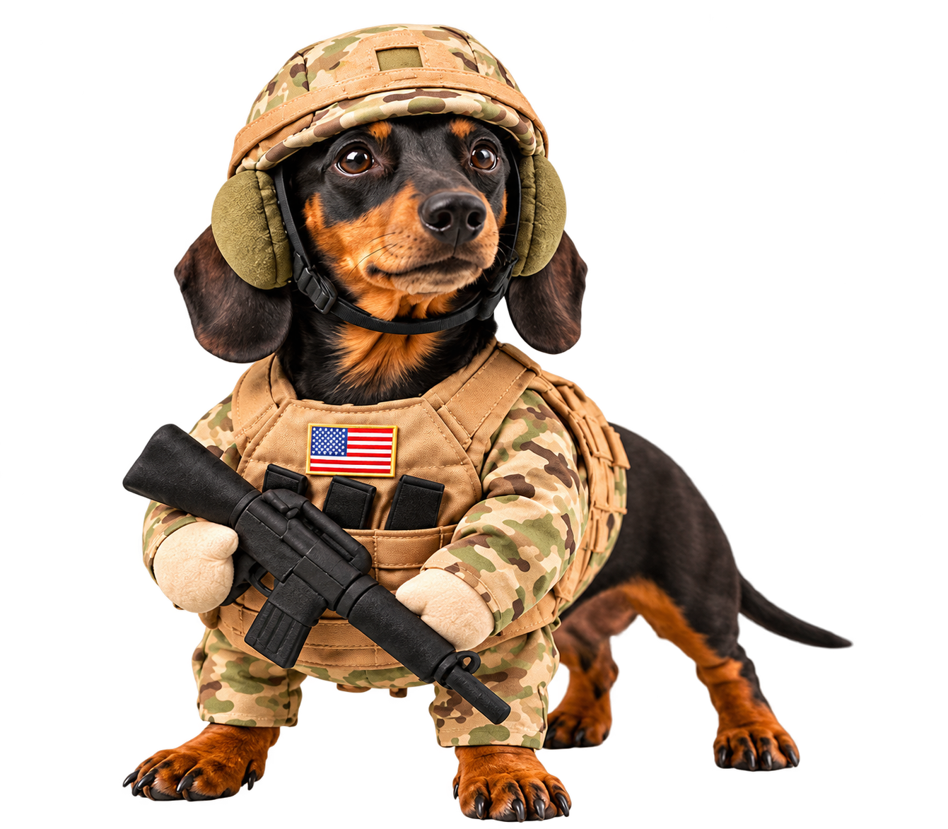 Dachshund wearing the Tactical Pup Soldier Costume Set