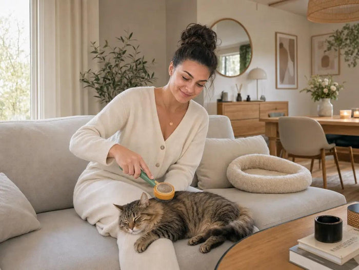 A woman gently brushing a tabby cat on a sofa