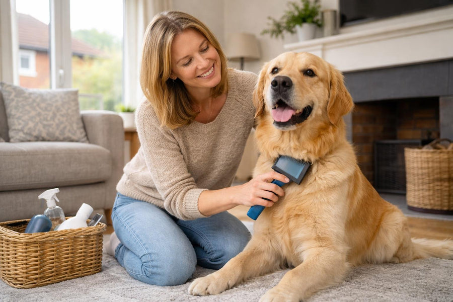 A woman brushing a golden retriever at home