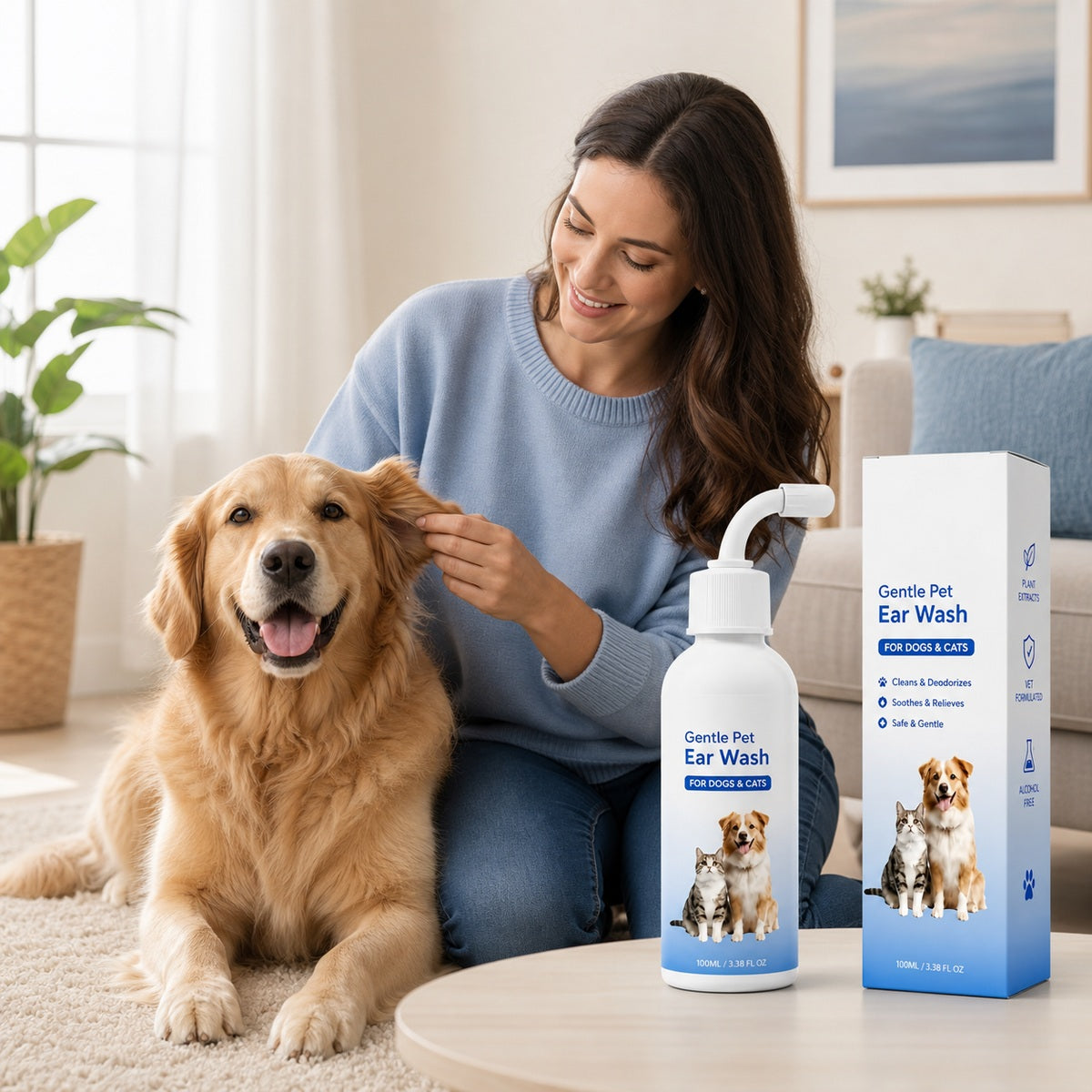 Owner cleaning a dog’s ears at home with Gentle Pet Ear Wash