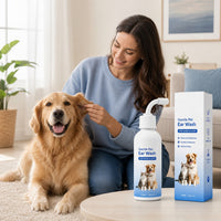 Owner cleaning a dog’s ears at home with Gentle Pet Ear Wash