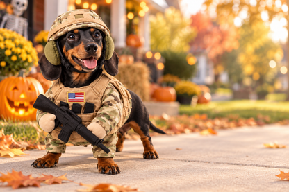 Tactical Pup costume at an autumn Halloween gathering