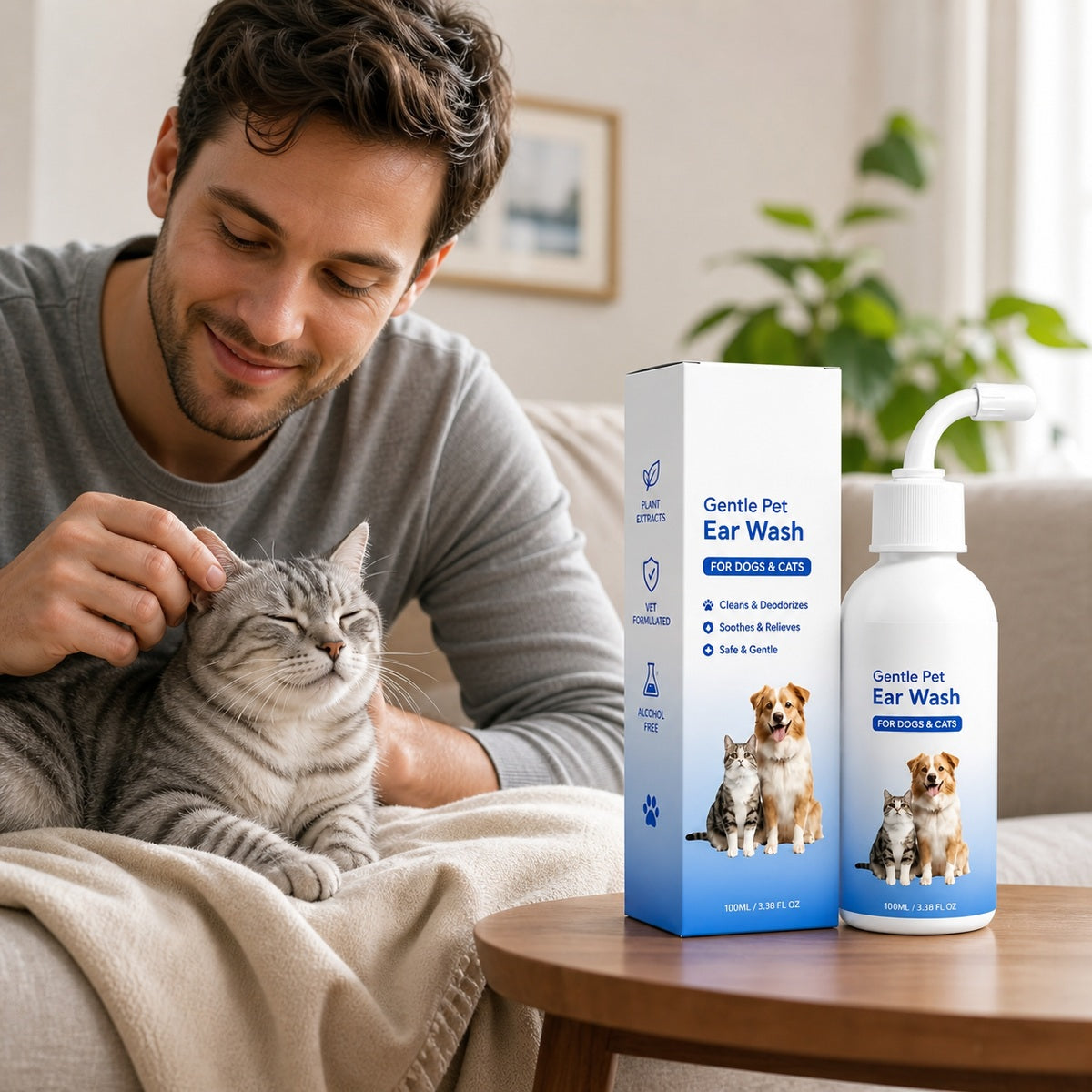 Owner cleaning a cat’s ears with Gentle Pet Ear Wash