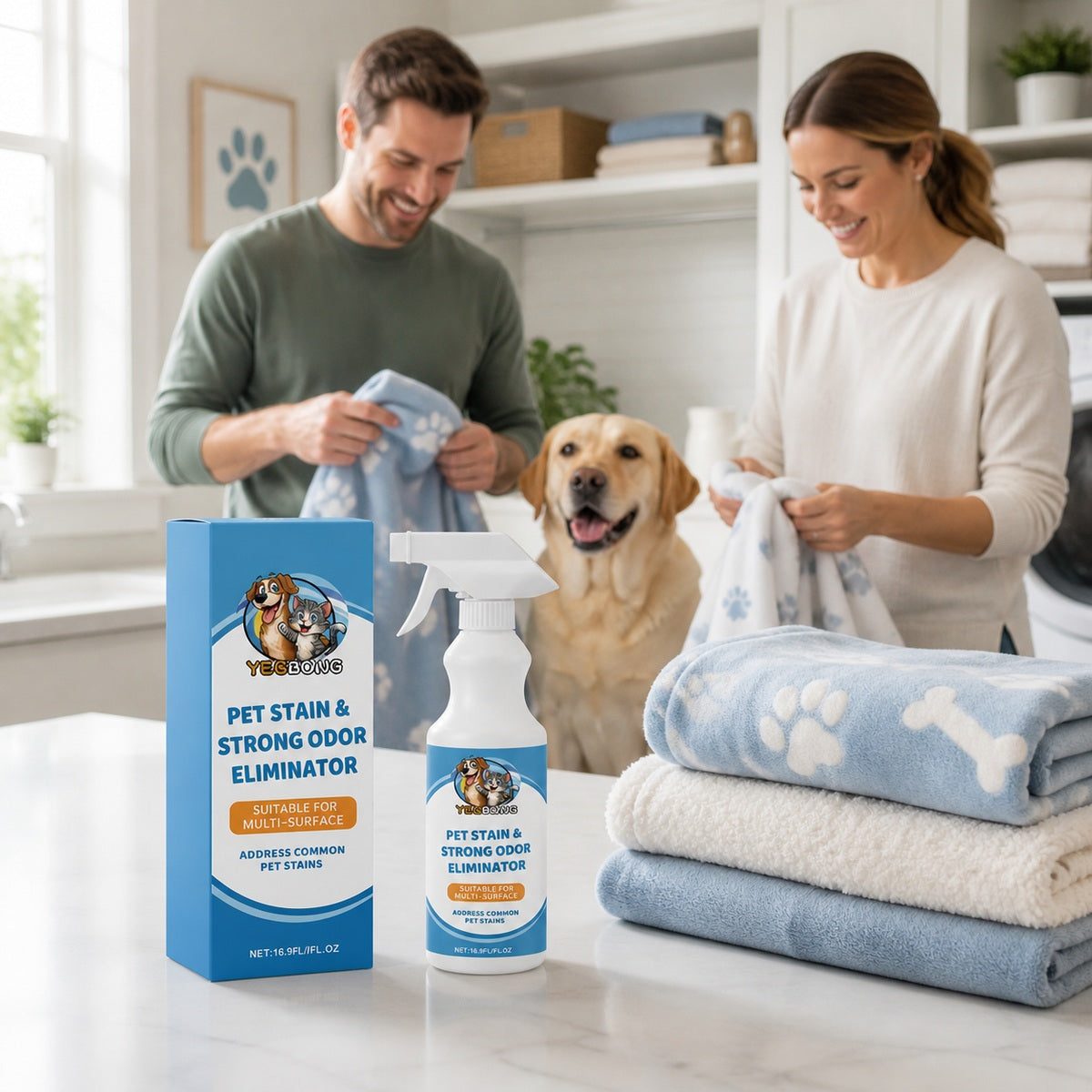 Pet owner treating a washable rug in the laundry room