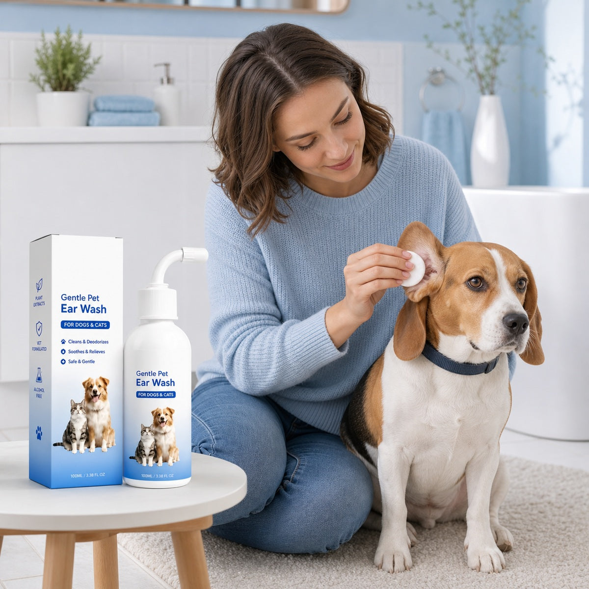 Curved applicator tip being used at the opening of a dog’s ear