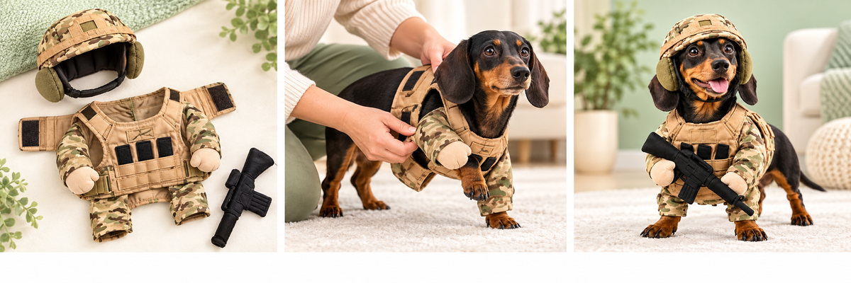 Three steps for putting on the Tactical Pup costume
