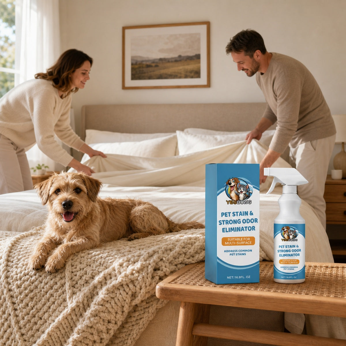 Dog resting on a clean bedroom rug beside its owner