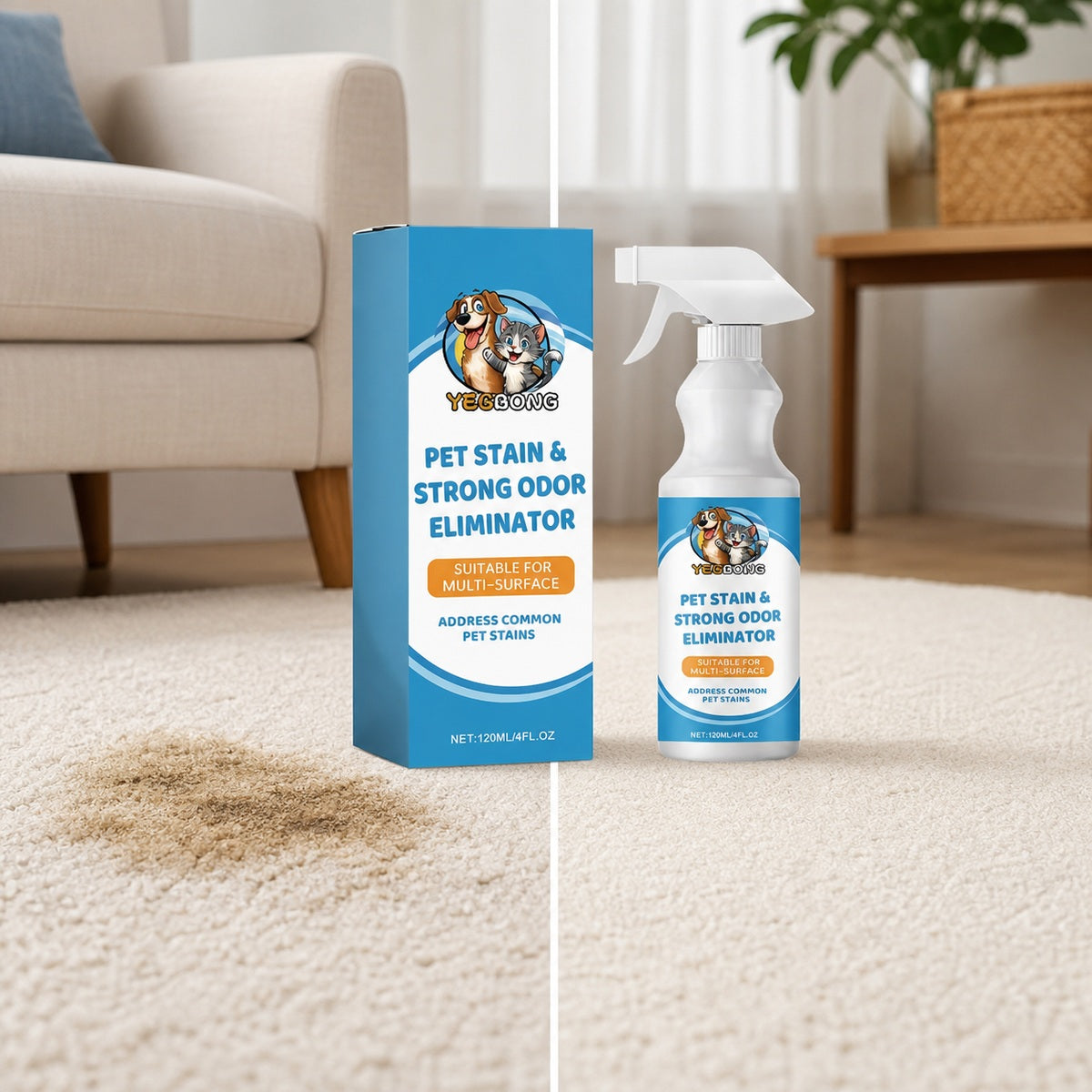 Rug with a pet stain before treatment and the same rug clean afterwards