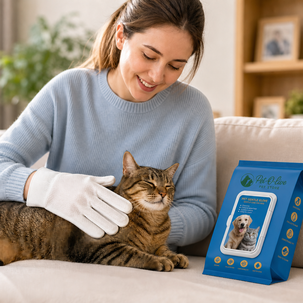 Grooming a tabby cat with a Pet-O-live glove wipe