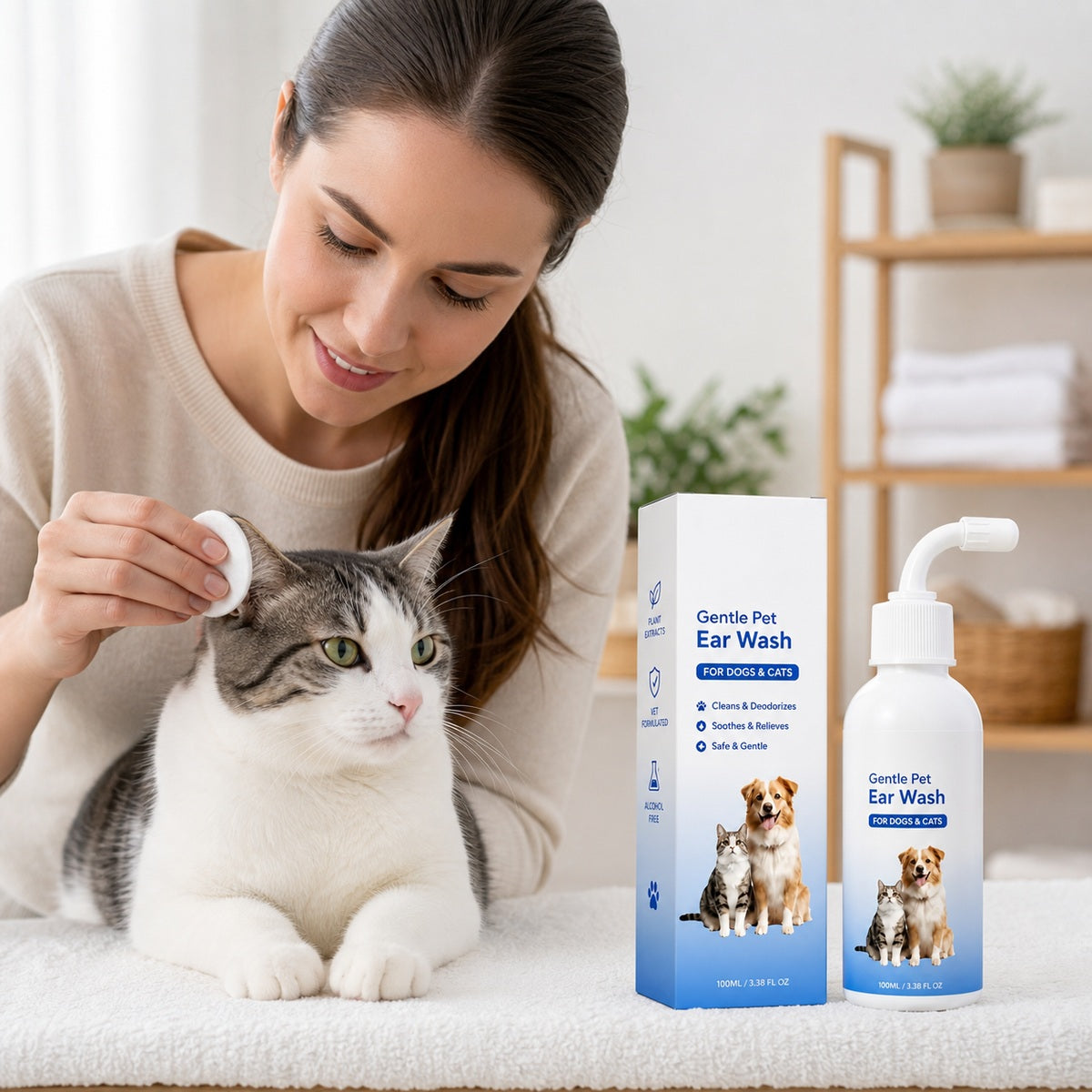 Curved applicator tip being used at the opening of a cat’s ear