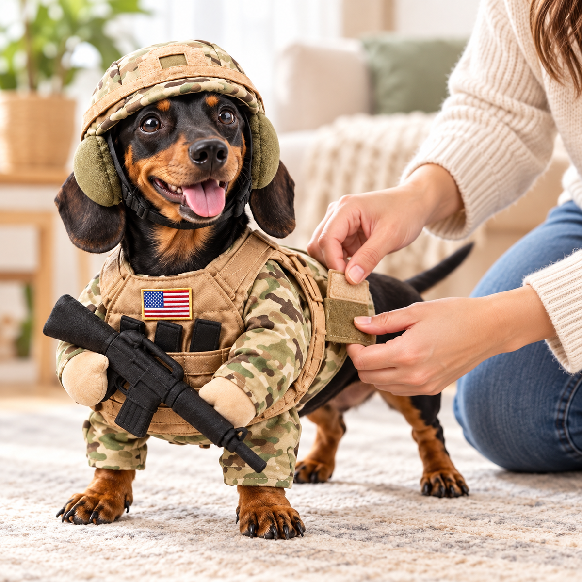 Pet parent adjusting the costume vest