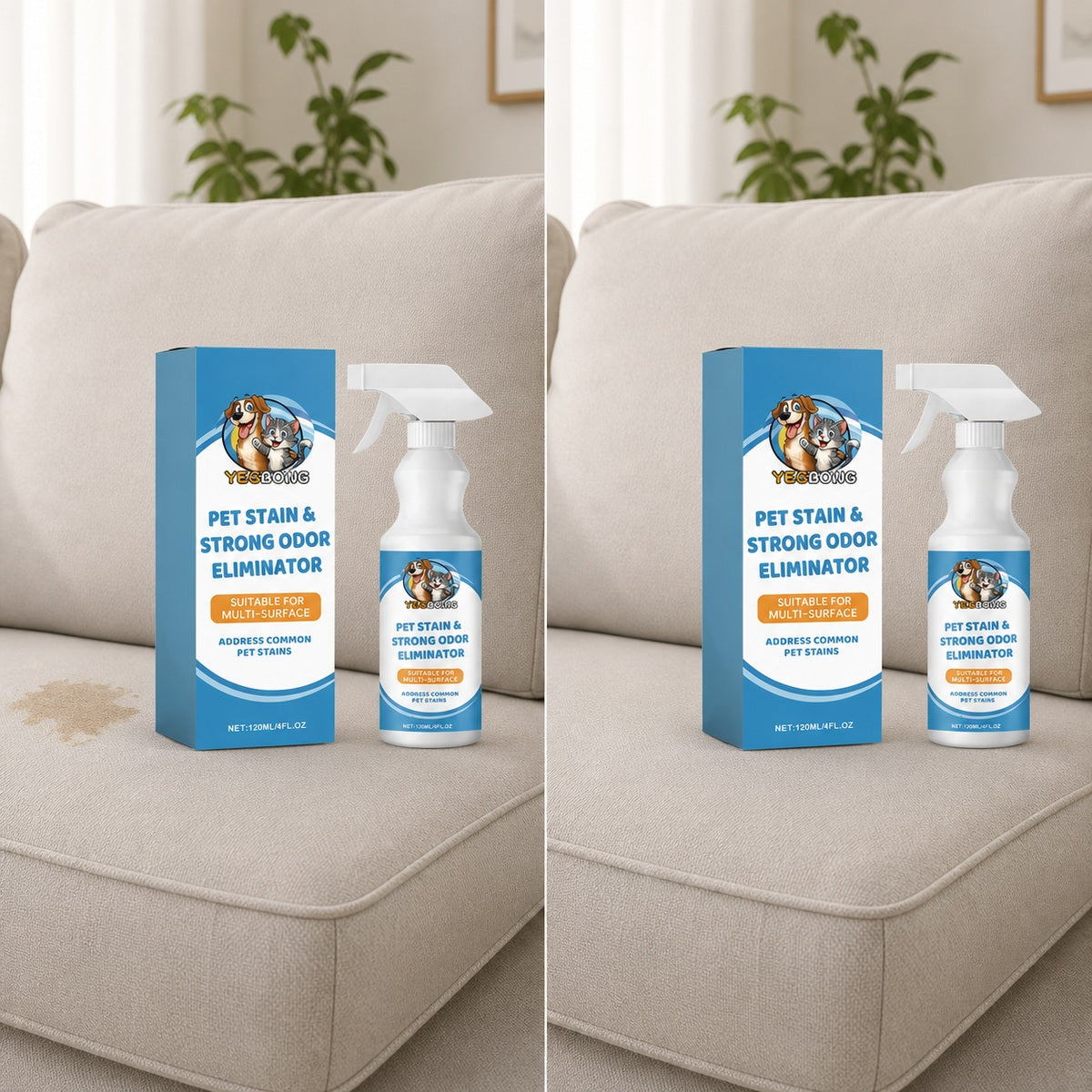 Sofa cushion with a pet stain before and after treatment