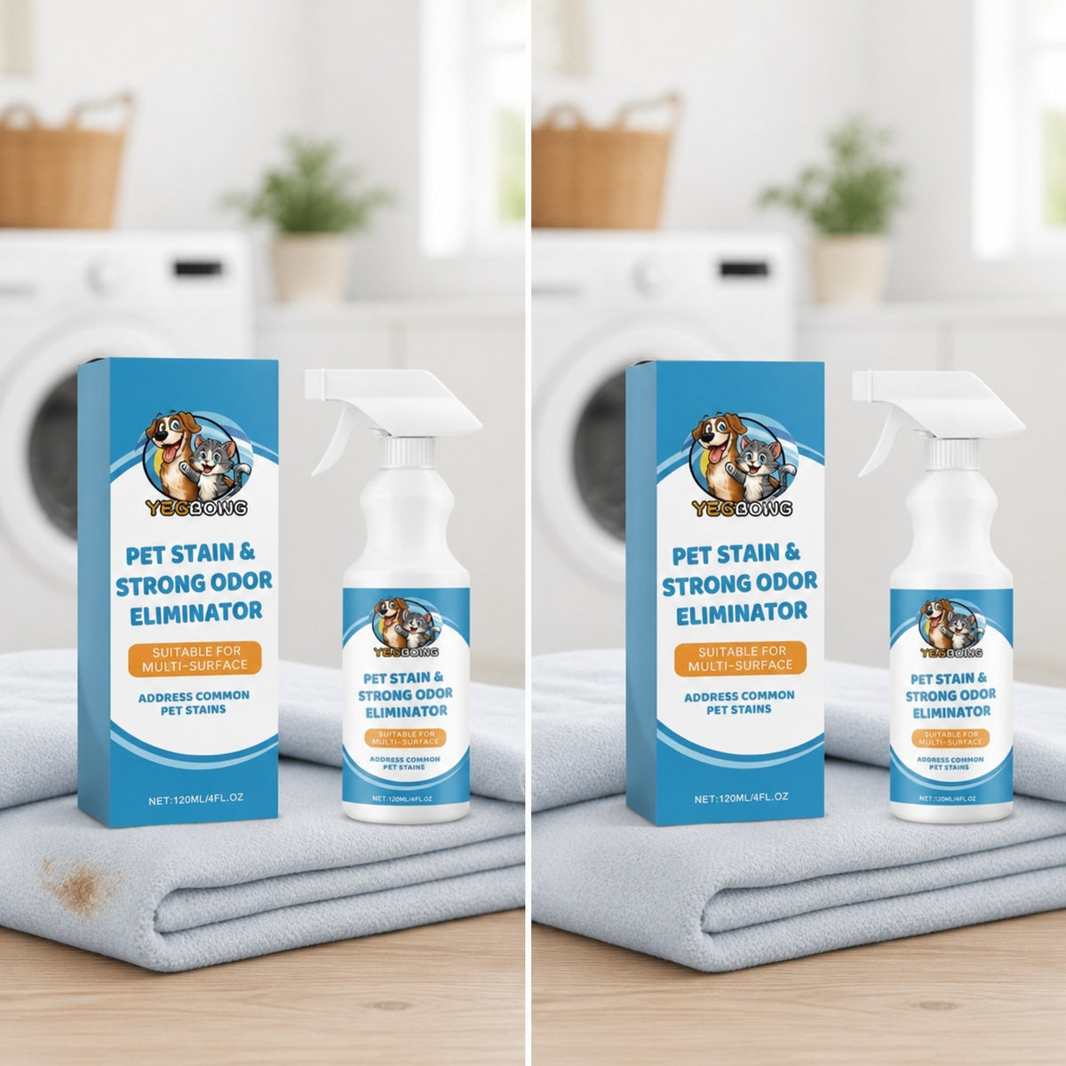 Blanket with a pet stain before and after treatment