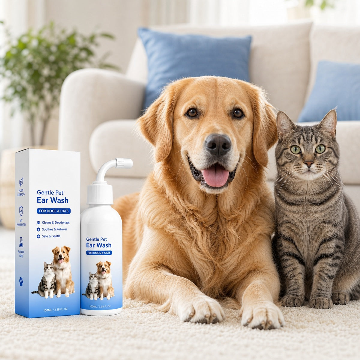 Dog and cat together beside the Gentle Pet Ear Wash bottle