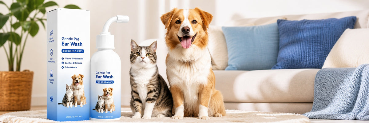 Dog and cat side by side with the Gentle Pet Ear Wash bottle