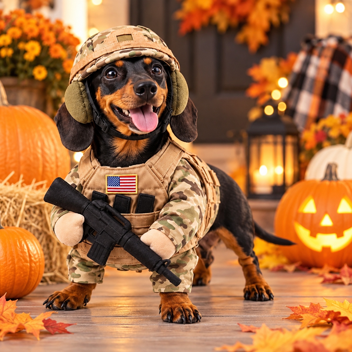 Dachshund wearing the costume at a Halloween celebration