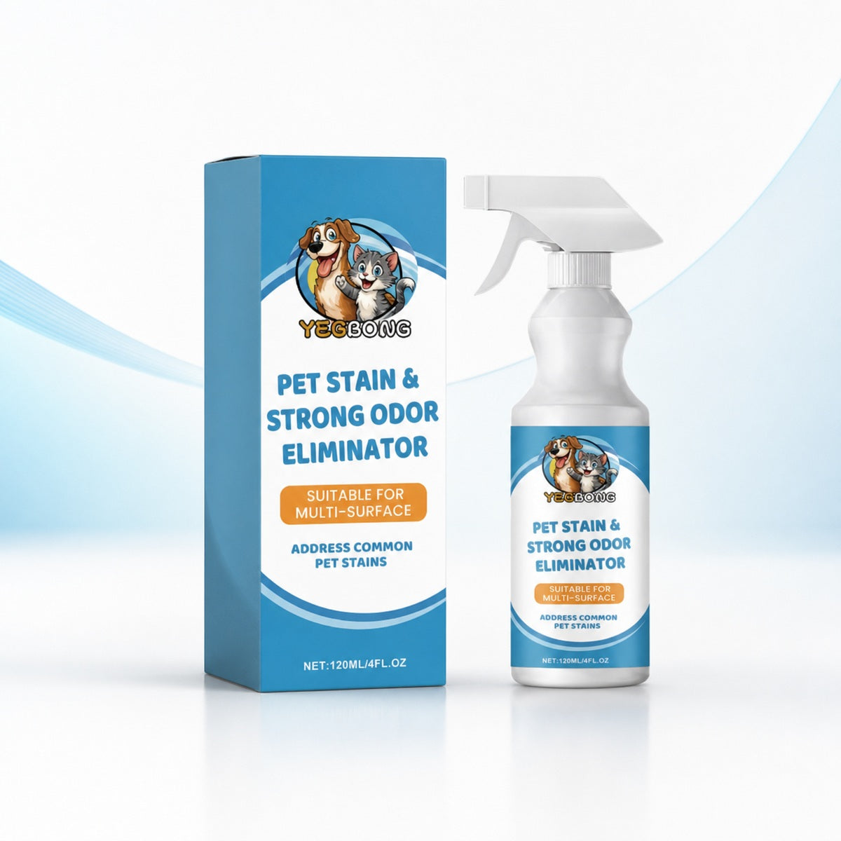 Pet Stain and Strong Odor Eliminator spray bottle and carton, 120 ml