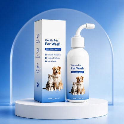 Gentle Pet Ear Wash bottle on a blue studio pedestal