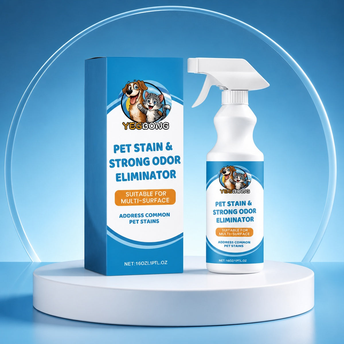 Pet stain and odor eliminator spray bottle on a studio pedestal