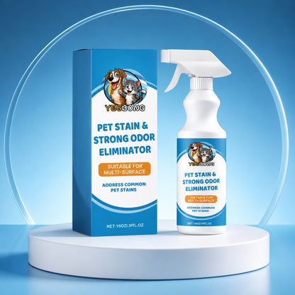 Pet stain and odor eliminator spray bottle on a studio pedestal