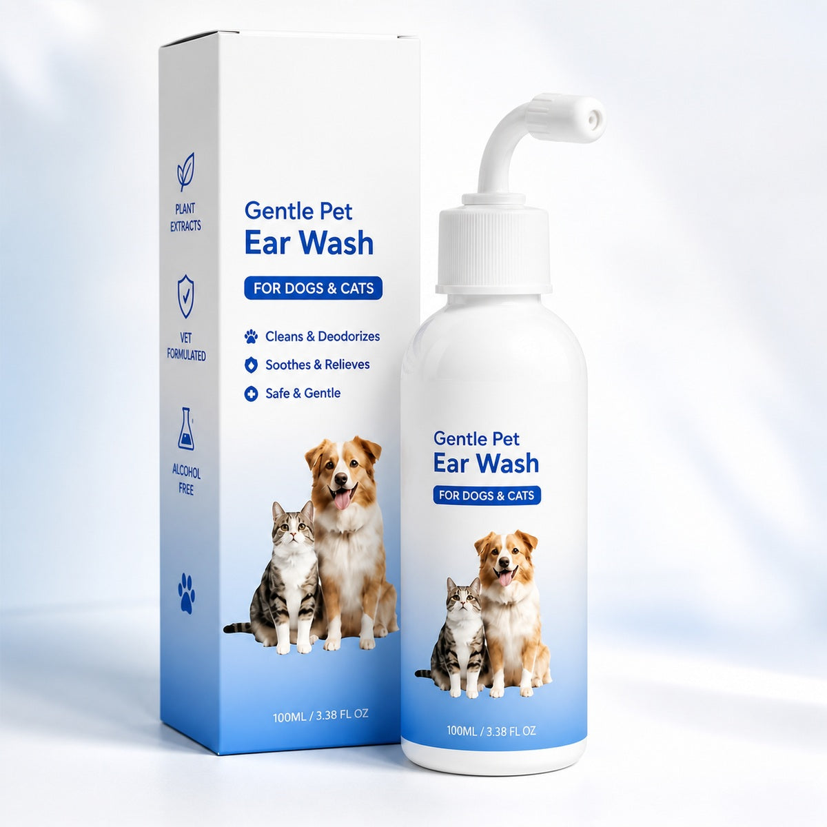 Close-up of the curved applicator nozzle on the ear wash bottle