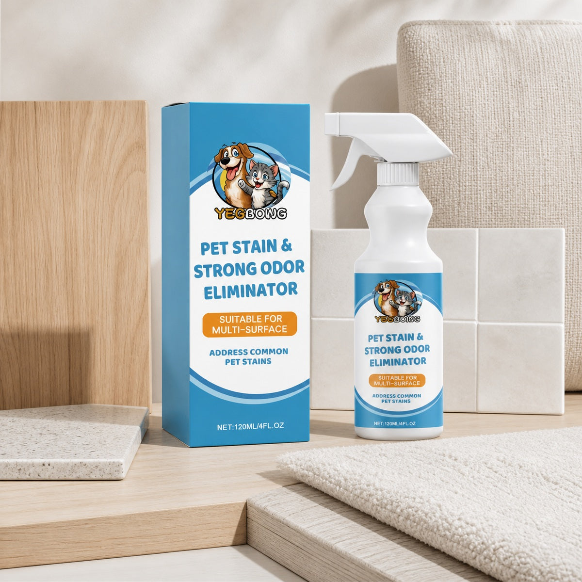 Spray bottle beside hardwood, tile, stone, carpet and upholstery samples