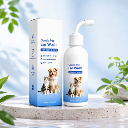 Ear wash bottle styled with botanical elements, plant extract formula
