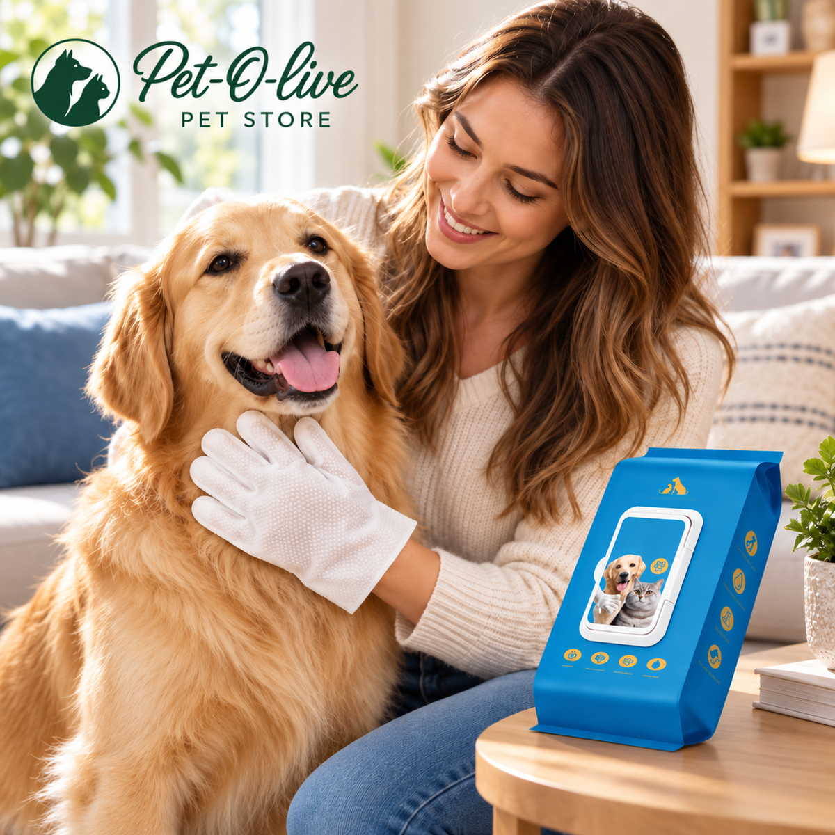 Woman grooming a golden retriever with a Pet-O-live glove wipe