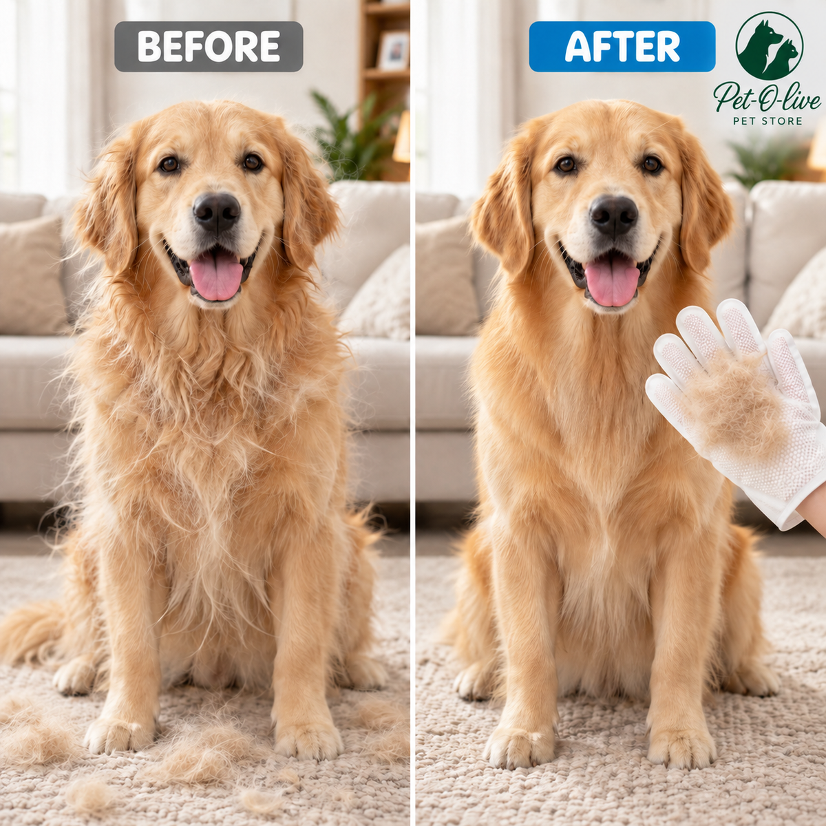 Before and after grooming a golden retriever with Pet-O-live glove wipes