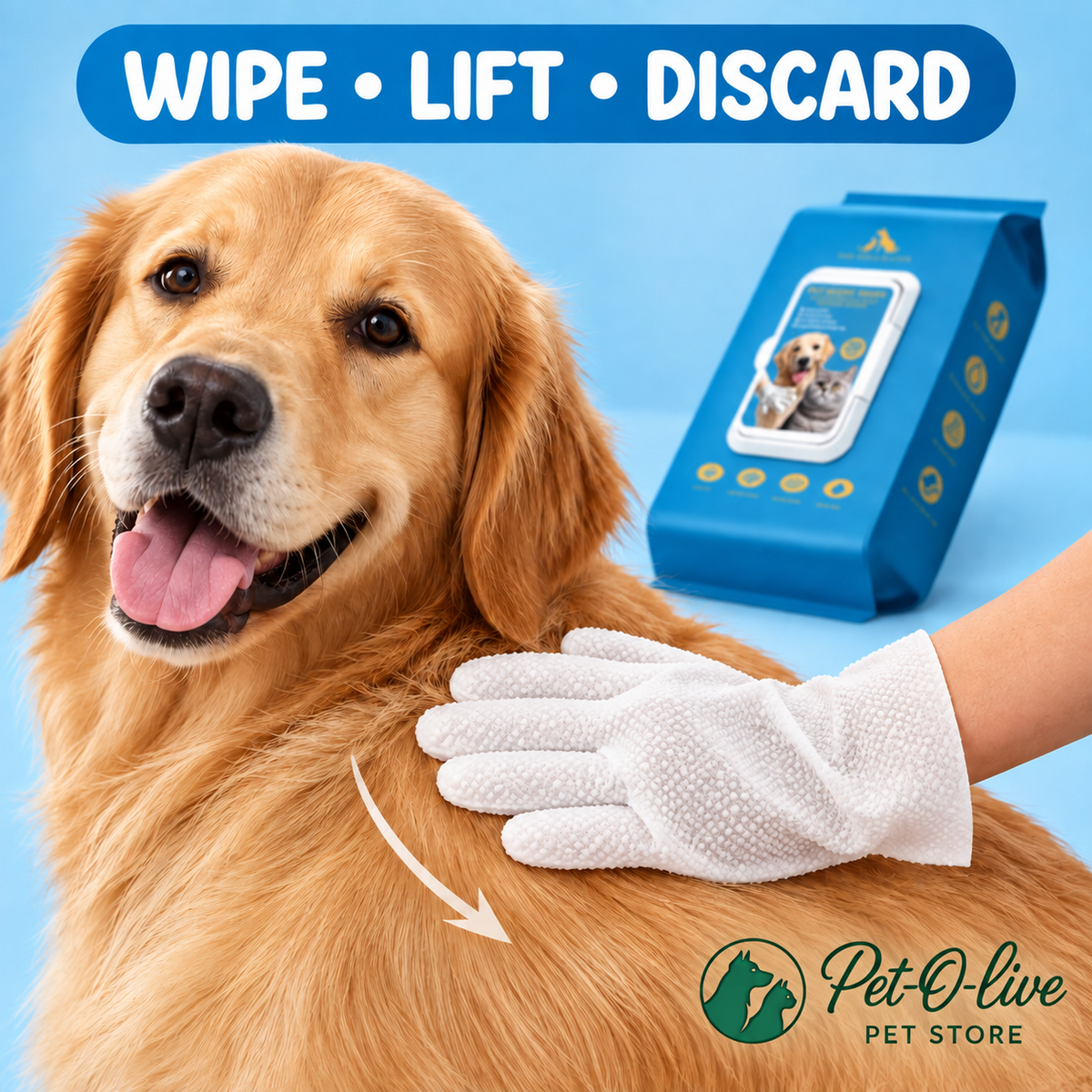 Wipe, lift, discard - using a Pet-O-live grooming glove on a dog