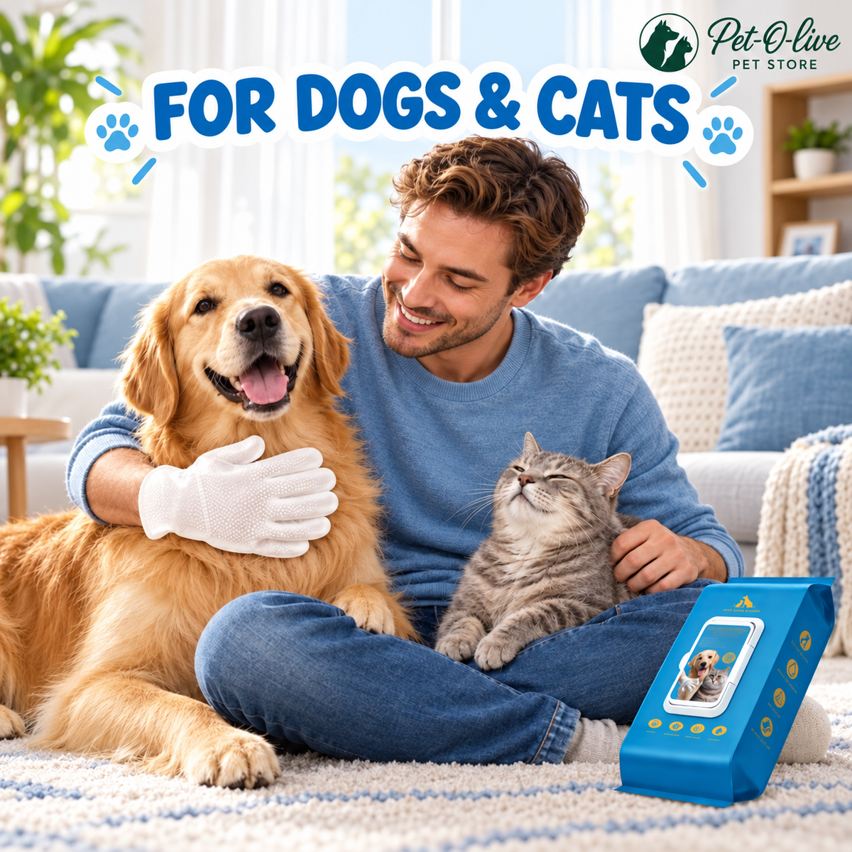 Pet-O-live grooming glove wipes for dogs and cats