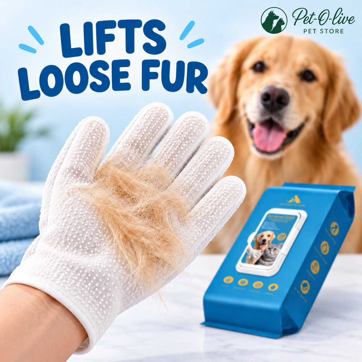 Pet grooming glove wipe lifting loose fur from a golden retriever