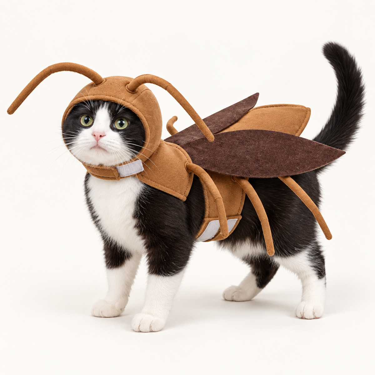 Black and white cat wearing the PetOlive cockroach costume