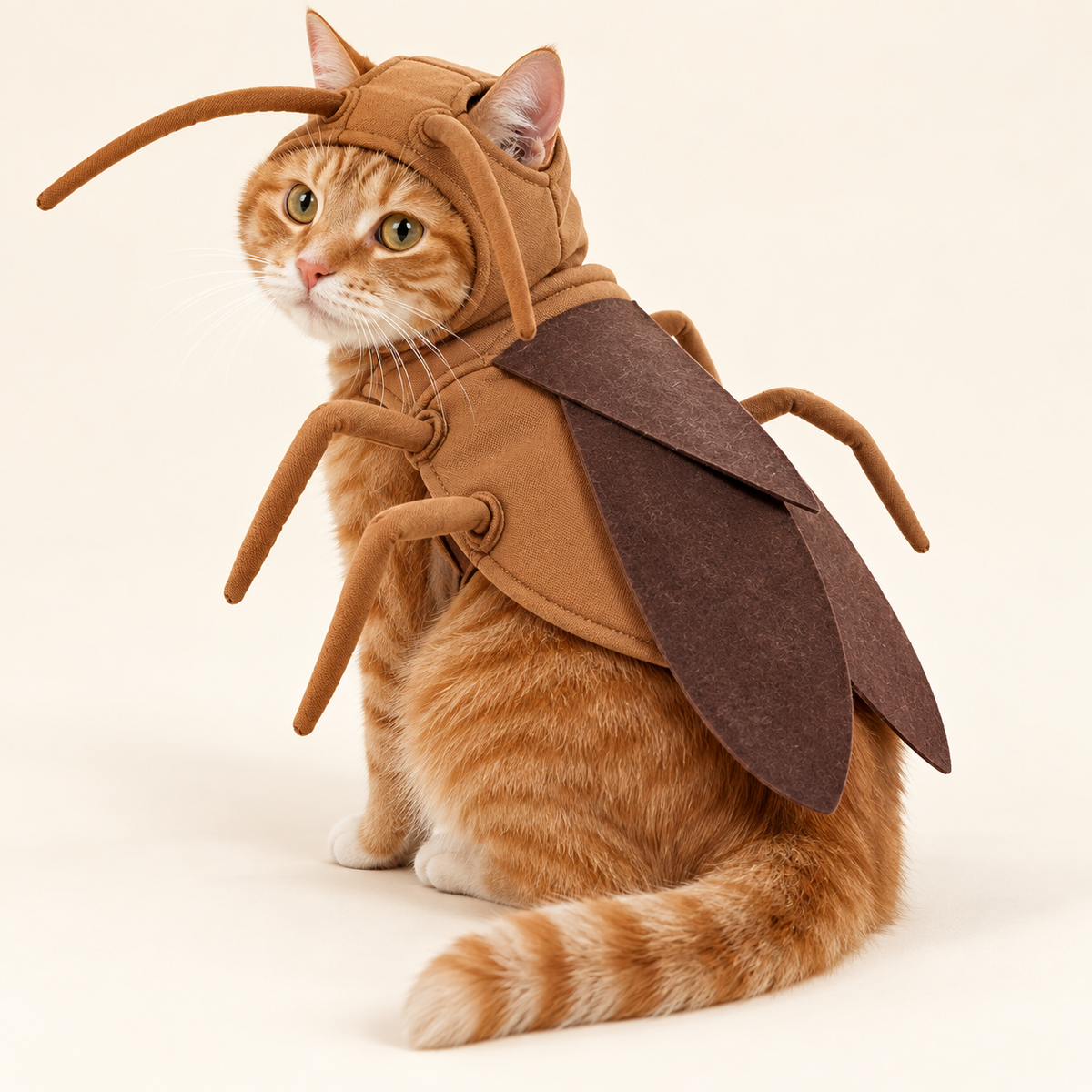 Orange tabby cat showing the PetOlive cockroach costume wings