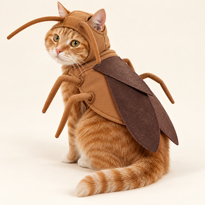 Orange tabby cat showing the PetOlive cockroach costume wings