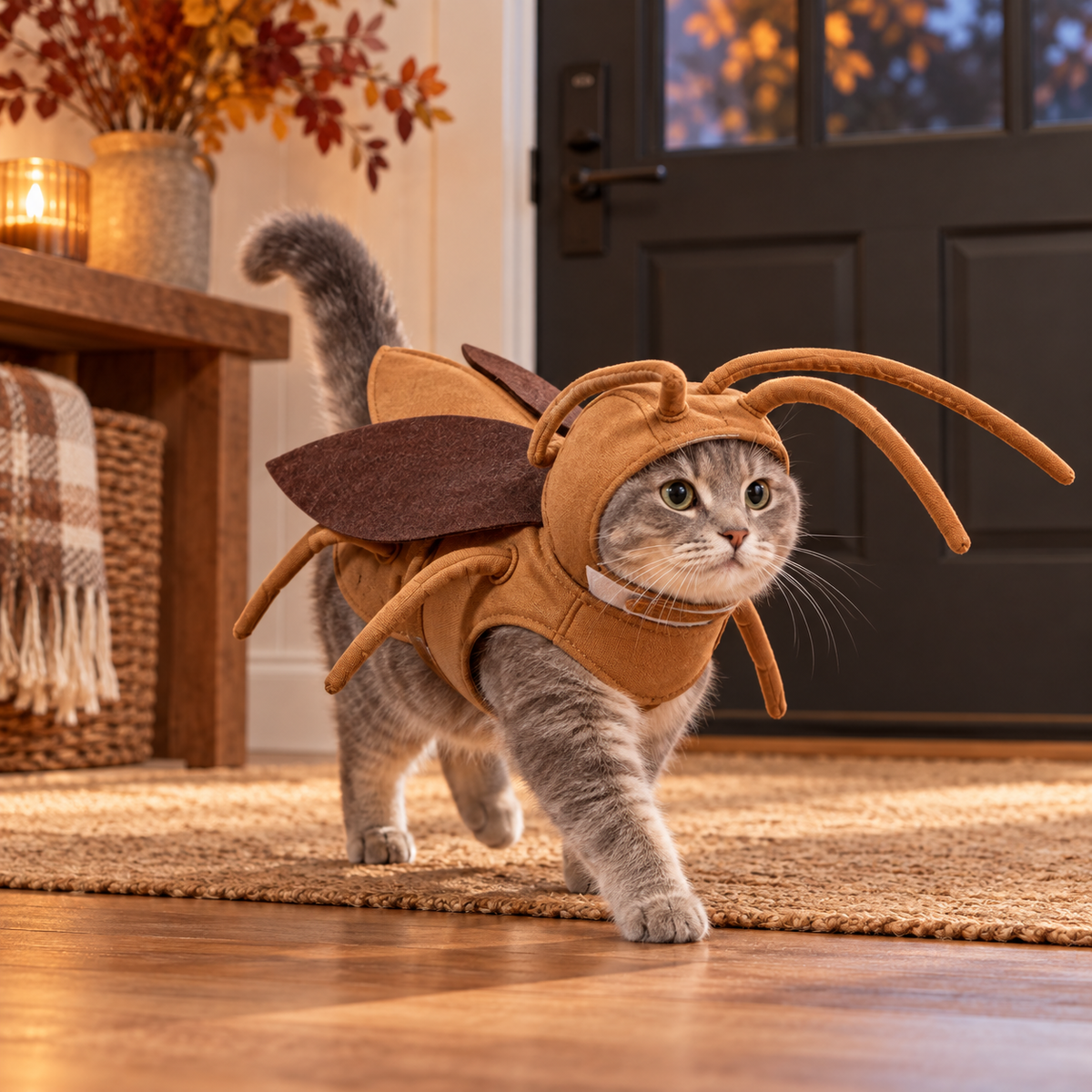 Gray cat wearing the PetOlive cockroach costume at home