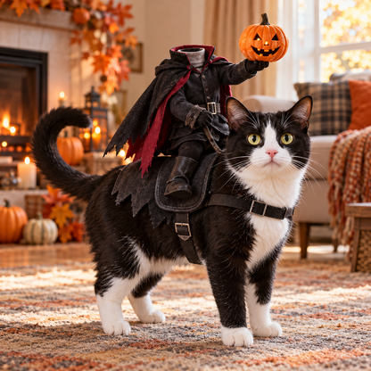 Tuxedo cat wearing the PetOlive Headless Horseman costume