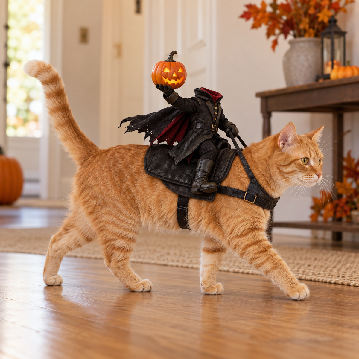 Orange tabby cat walking in the Headless Horseman costume