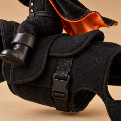 Close detail of the costume saddle fabric and buckle