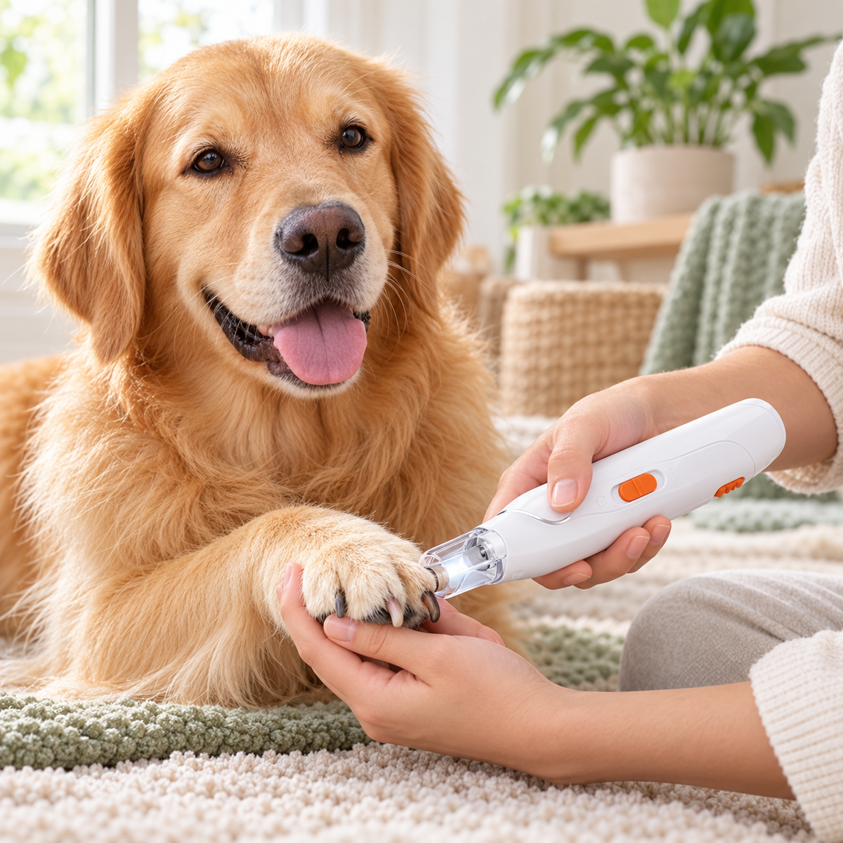 Golden retriever receiving calm at-home nail care with the PetOlive 2-in-1 nail clipper