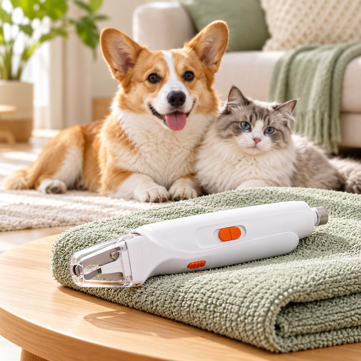 PetOlive 2-in-1 nail clipper beside a relaxed dog and cat