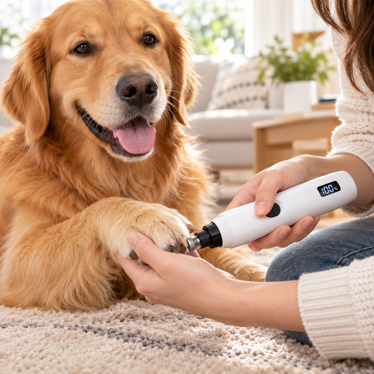 PetOlive electric pet nail grinder hero view with dog