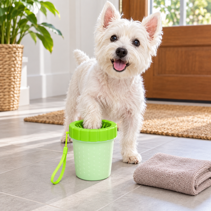 Dog using the Pet Olive Portable Paw Cleaner after a walk